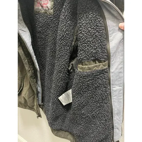 LEVI’S Sherpa MEDIUM Trucker Brown Military Jacket Removable Hood - Picture 8 of 13